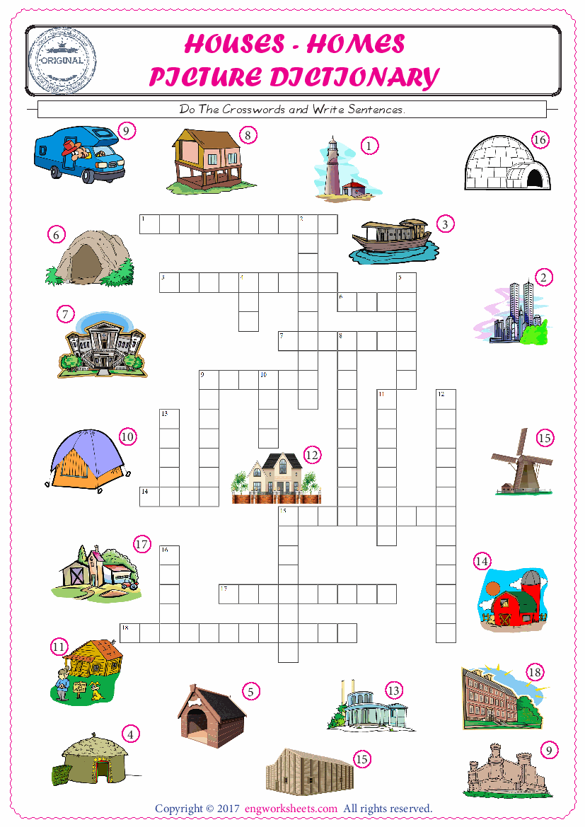  ESL printable worksheet for kids, supply the missing words of the crossword by using the Houses Homes picture. 